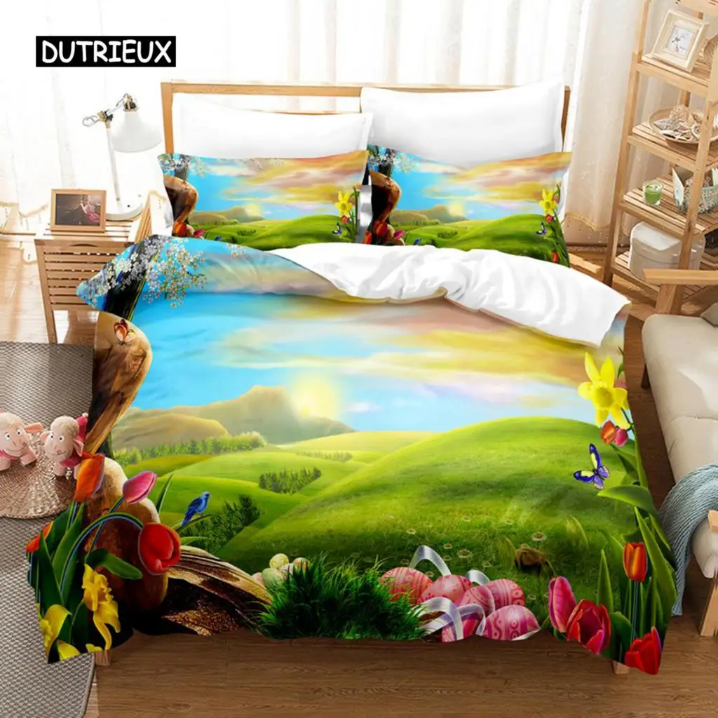 Natural Landscape Duvet Cover Set Blue Sky Lawn Flower Double Queen King Size 2/3Pcs Polyester Quilt Cover for Kids Teens Adults