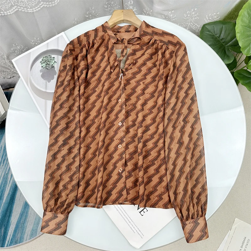 

Elegant Brick Pattern Long Sleeve V-Neck Women's Shirt Summer 2025 Fashion Floral Style Top Quality Ladies Premium Clothing