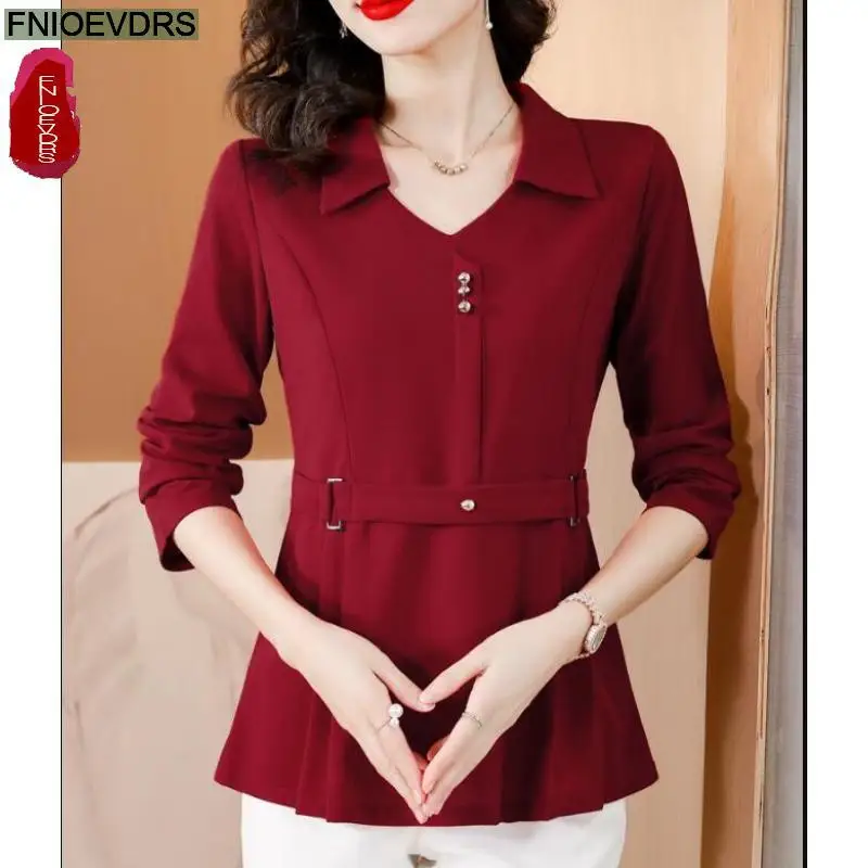 M-5XL neue Jahr lila rot Tops elegante Büro Dame Arbeit Basic Shirt Retro Bauch schwarz Tunika Schößchen Top Blusen