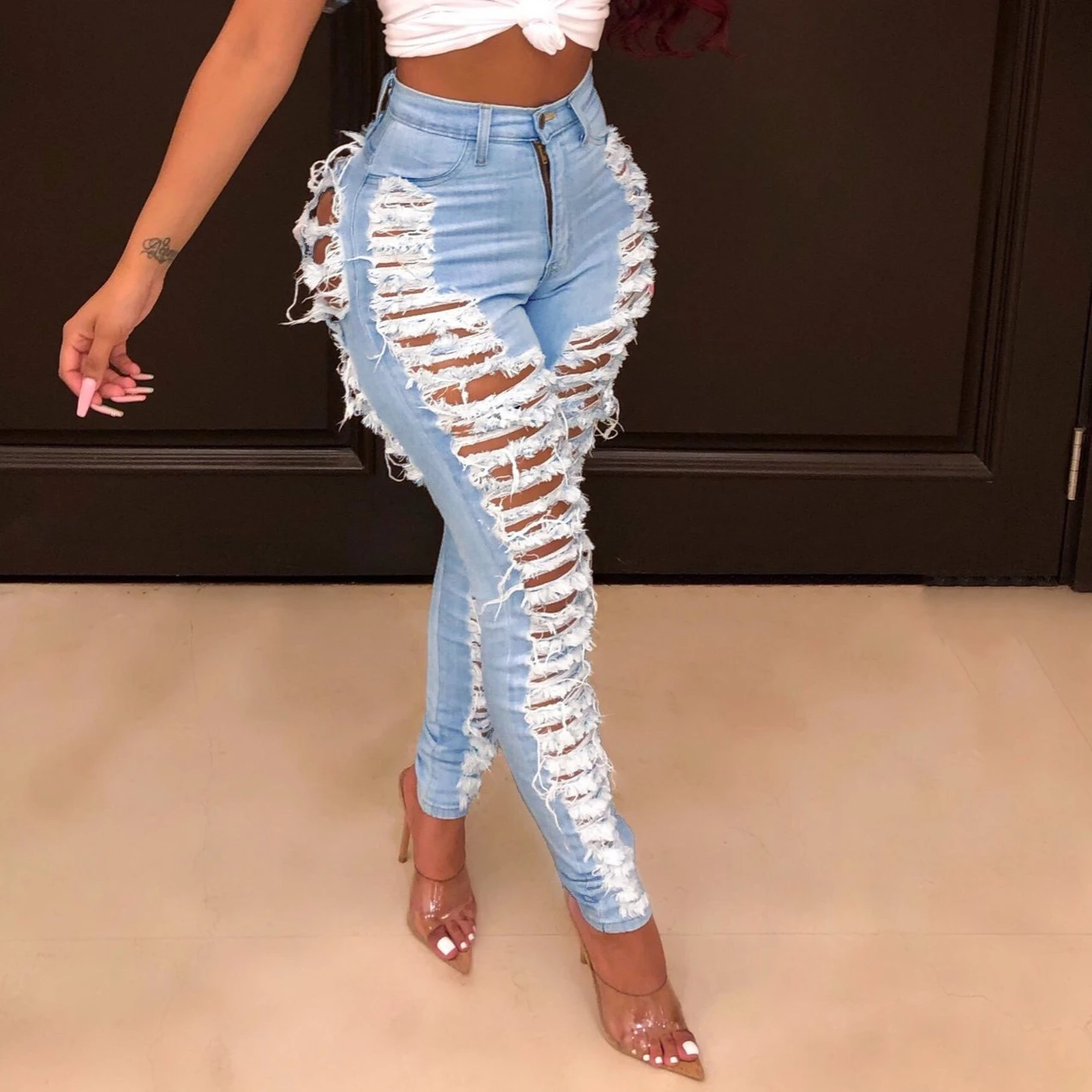 

Jeans Pencil Pants Women Sexy Hole Denims Distressed Stretch High Waist Vintage Washed Ripped Skinny Ankle Length Trousers