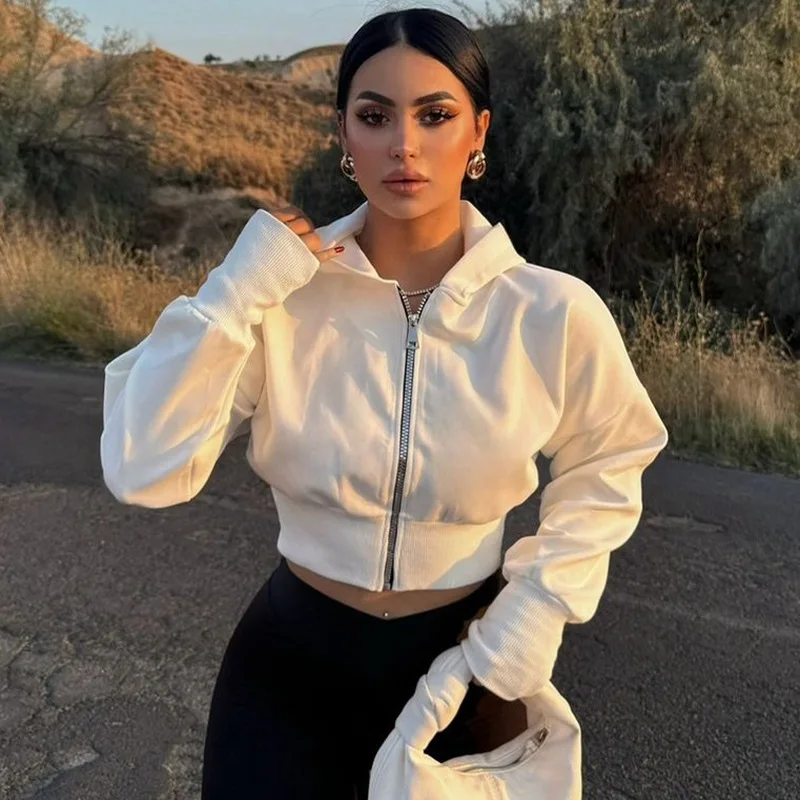 Casual Short Hooded Sweatshirt Women Zip Up Hoodies Mujer Solid Harajuku Long Sleeve Slim Fit Crop Top Female Jackets Coat