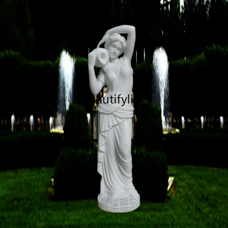 Marble European Style White Marble Figure Statue Holding Can Goddess Water Fountain Stone Carving Ornaments