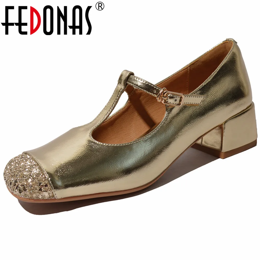 

FEDONAS Fashion Women Pumps T-tied Blingbling Genuine Leather Spring Summer Mary Janes Thick Heels Casual Working Shoes Woman