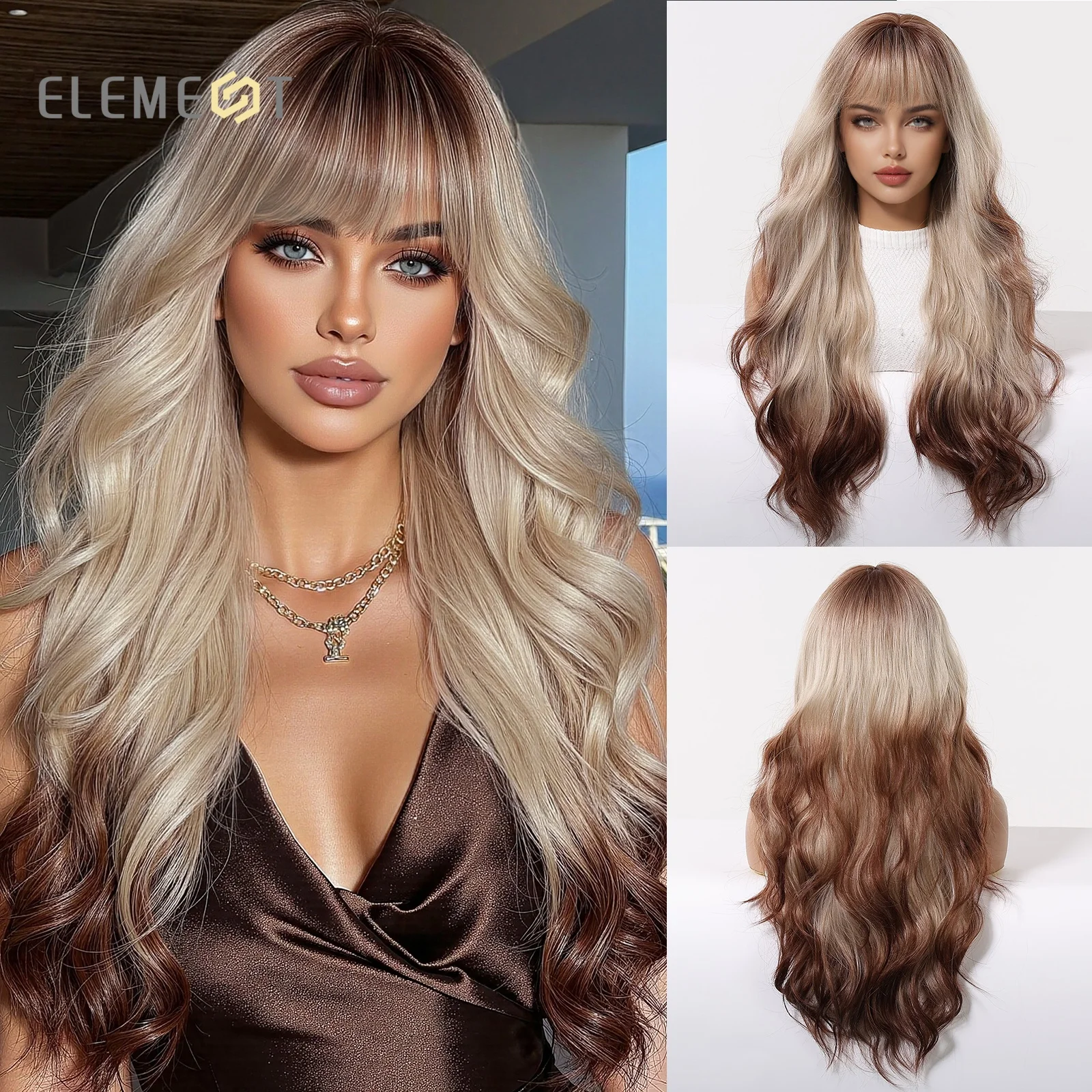 

Element Golden Brown Ombre Long Wavy Synthetic Wig with Straight Bangs Heat Resistant Hair For Women Casual Party Wedding