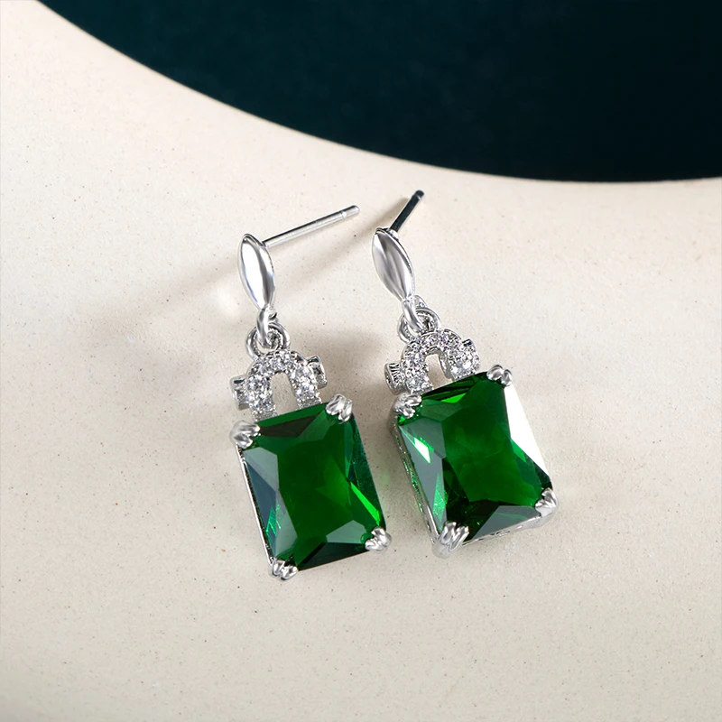 JoiasHome 925 Sterling Silver Vintage Earrings For Woman With Square 6*8mm Green Emerald Gemstones  Wedding Party Wholesal Gift