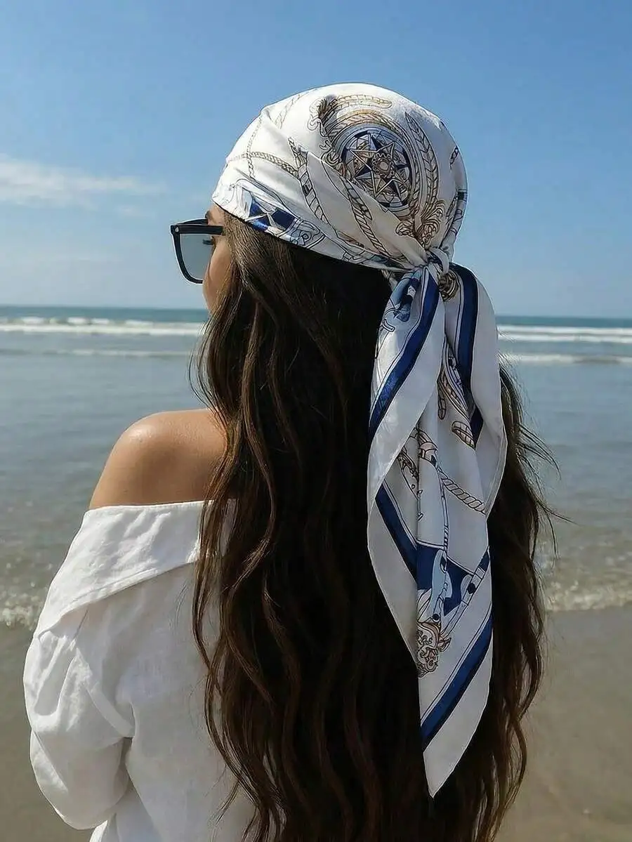 

1pc Elegant Women's Chain Satin-Feel 90cm Square Scarf/Headband, Ladies BanSuitable For Casual And