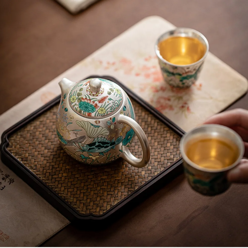Silver Ceramic Fish Shaped Teapot with Tea Cups Set Chinese Dragon Egg Kung Fu Brewing Pot for Tea