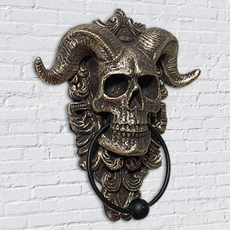 Skull Door Knocker Hell Devil Horn Skull Door Hanging Gothic Home Resin Decor Punk Satan Skull Sheep Head Wall Decor Pendant