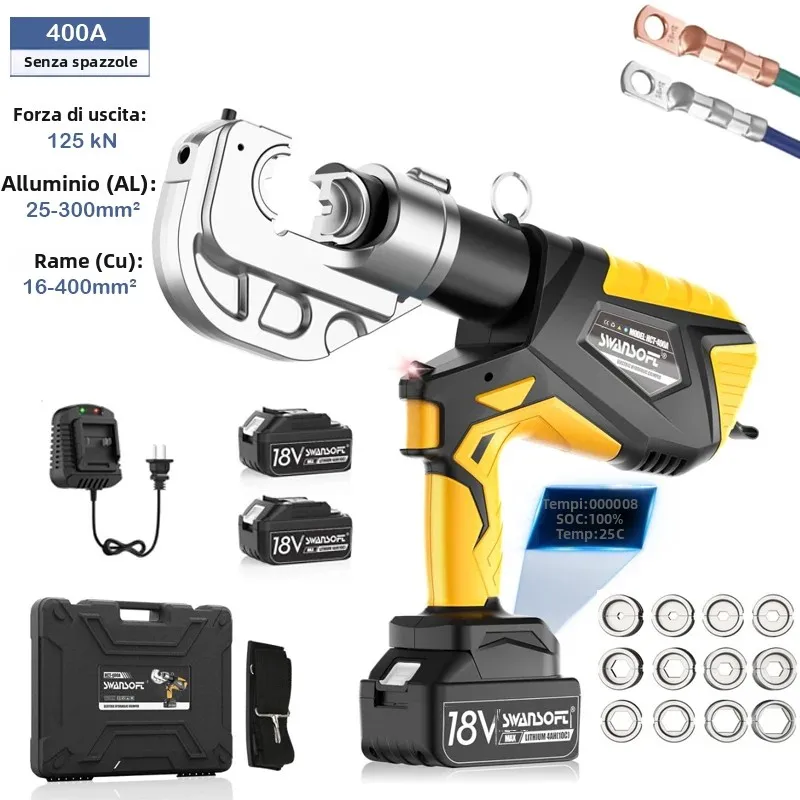 Pinza crimpatrice elettrica idraulica SWANSOFT da 12 tonnellate, strumento di crimpatura senza fili con 12 matrici 16 mm²–400 mm² per terminali di cavi in Cu/Al