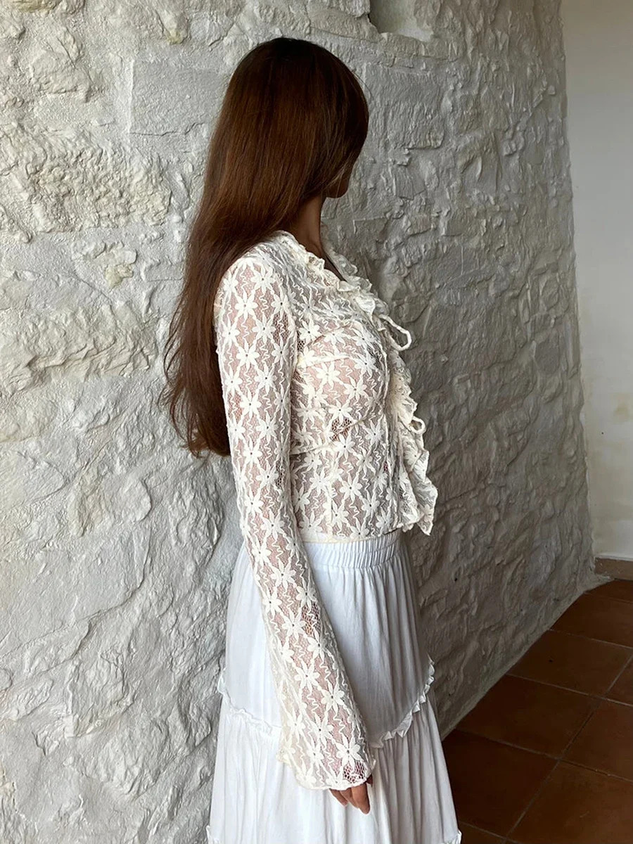 Women Y2k Lace Floral Tops Ruffle V Neck Flare Long Sleeve Tie Front Sheer Mesh Slim Crop Cardigan Spring Fall Shirts Clubwear