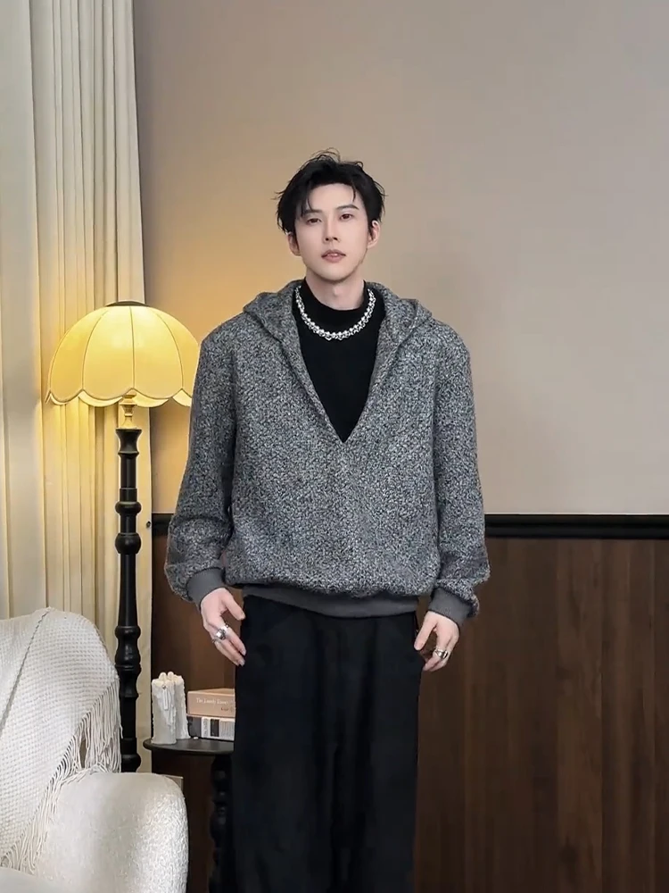 

Корейская мужская зимняя толстовка с V-образным вырезом и флисовой подкладкой, свободного кроя, удобный вязаный свитер, повседневный топ с длинными рукавами