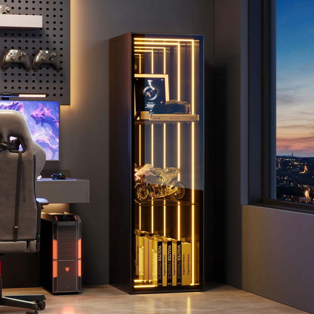 Vitrine Moderne en Verre Noir 30×30×90cm, Cadre en Aluminium, Porte en Verre Trempé, Vitrine de Présentation avec Barre Lumineuse LED, Compartiments de Rangement à 3 Niveaux et Charnières à Fermeture Douce, Organisateur Anti-Poussière pour Objets de Collection, Modèles, Vins, Salon, Chambre à Coucher