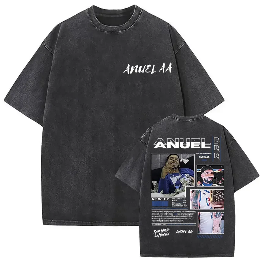 

Limited Rapper Anuel AA Real Hasta La Muerte Washed Vintage T Shirt Men Women Hip Hop Fashion Street Oversized Crewneck Tshirt