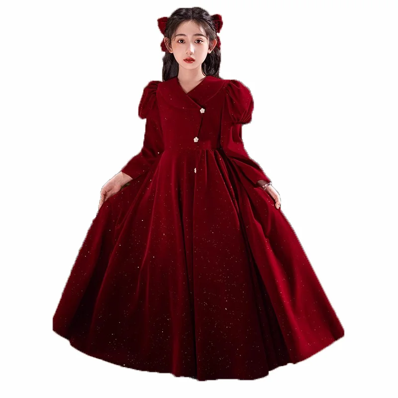 Vestido infantil, boda para niñas, princesa, niña pequeña, presentador rojo, niña de las flores de alta gama, vestido de actuación de piano, Otoño/Invierno