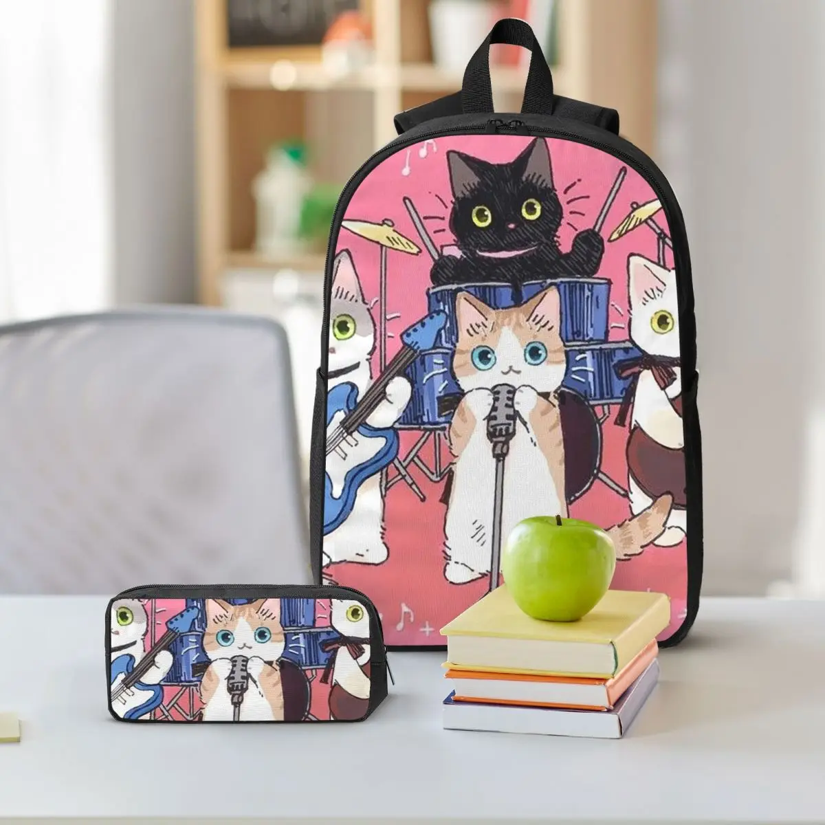 Cat Orchestra Kitten And Music Design Backpack Student BookBag School Bag Shoulder Bags 3ps Insulated Lunch Bag Pencil Case