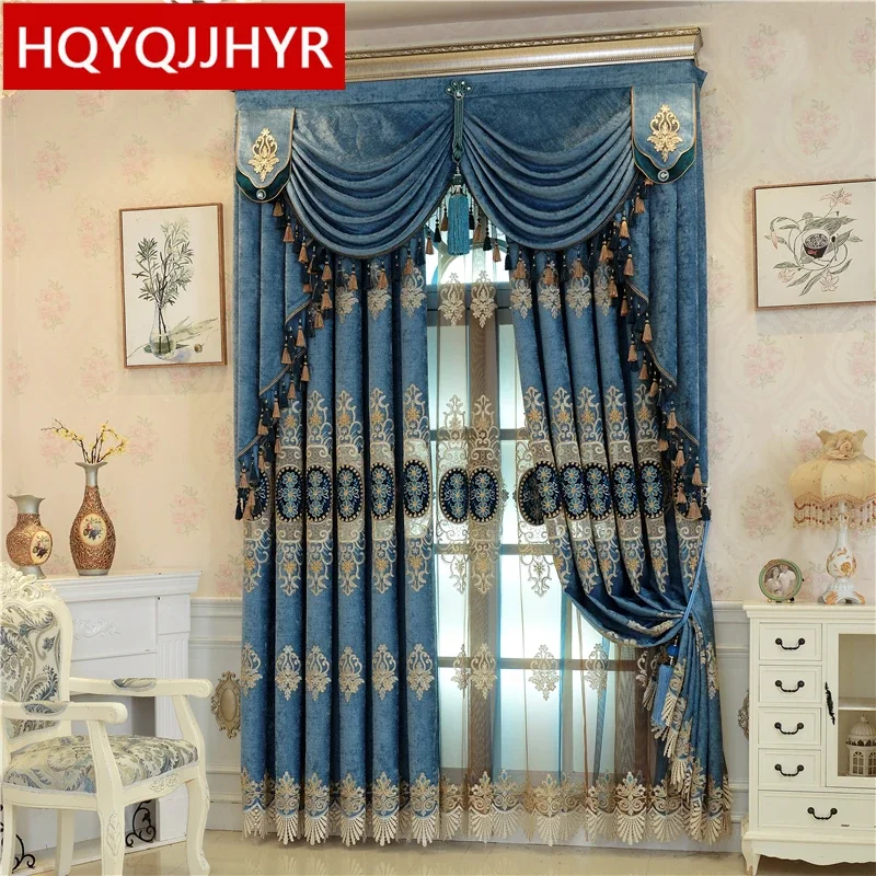 European luxury high quality 3 small flower embroidered floor curtains for living room classic  blue curtains for bedroom hotel