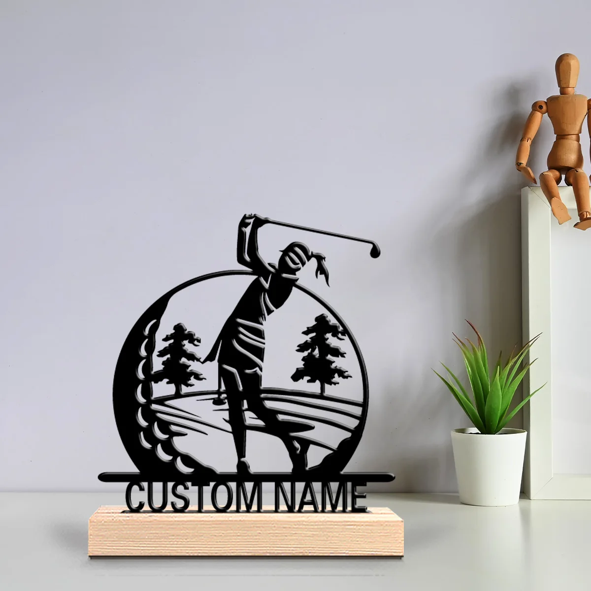 1pc golf Customized Text Metal Statue Metal Ornament Art Crafts With Wood Base Metal Sculpture With Wood BaseFor Home Decor