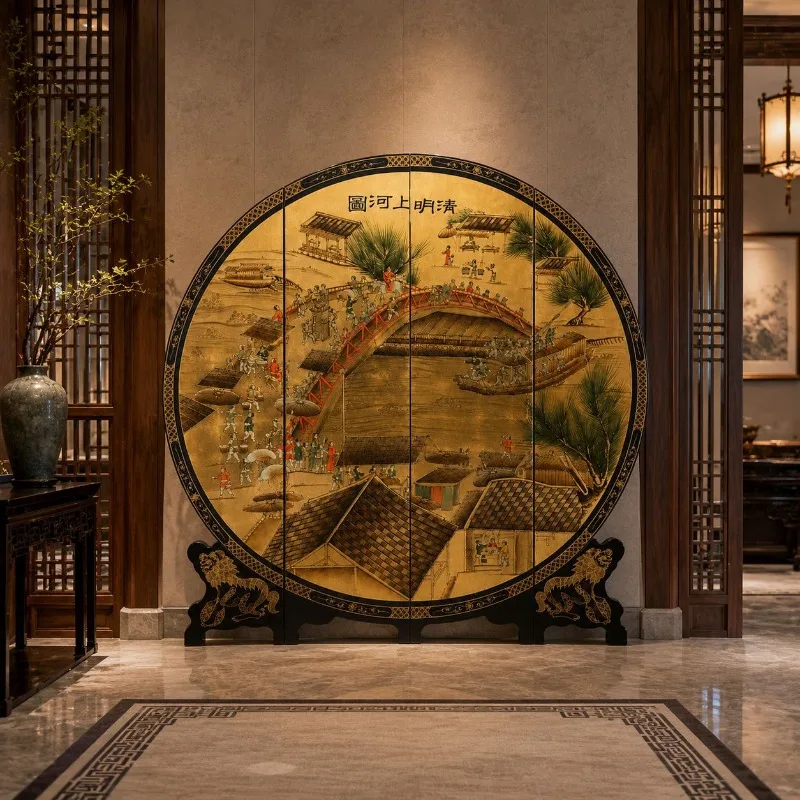 Paint gold foil plum blossom round screen folding partition Ming and Qing classical painted furniture Internet celebrity live br