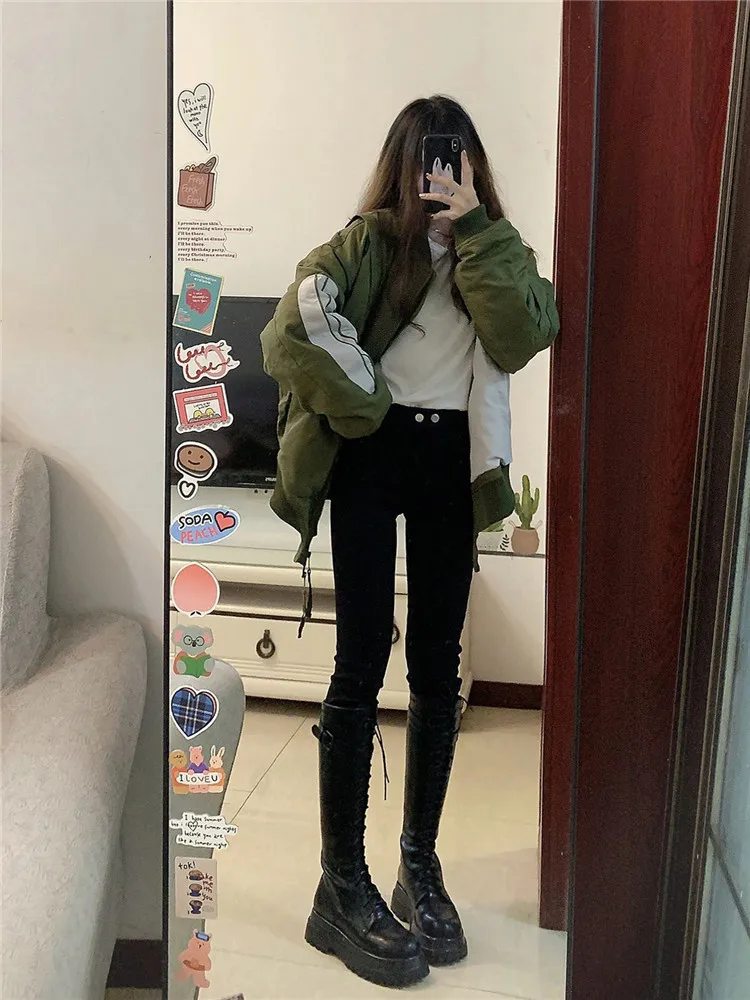 American Fashion Brand Baseball Jacket Cotton Bomber Coat Women's Winter Color Contrast Splicing Design Loose Clothes