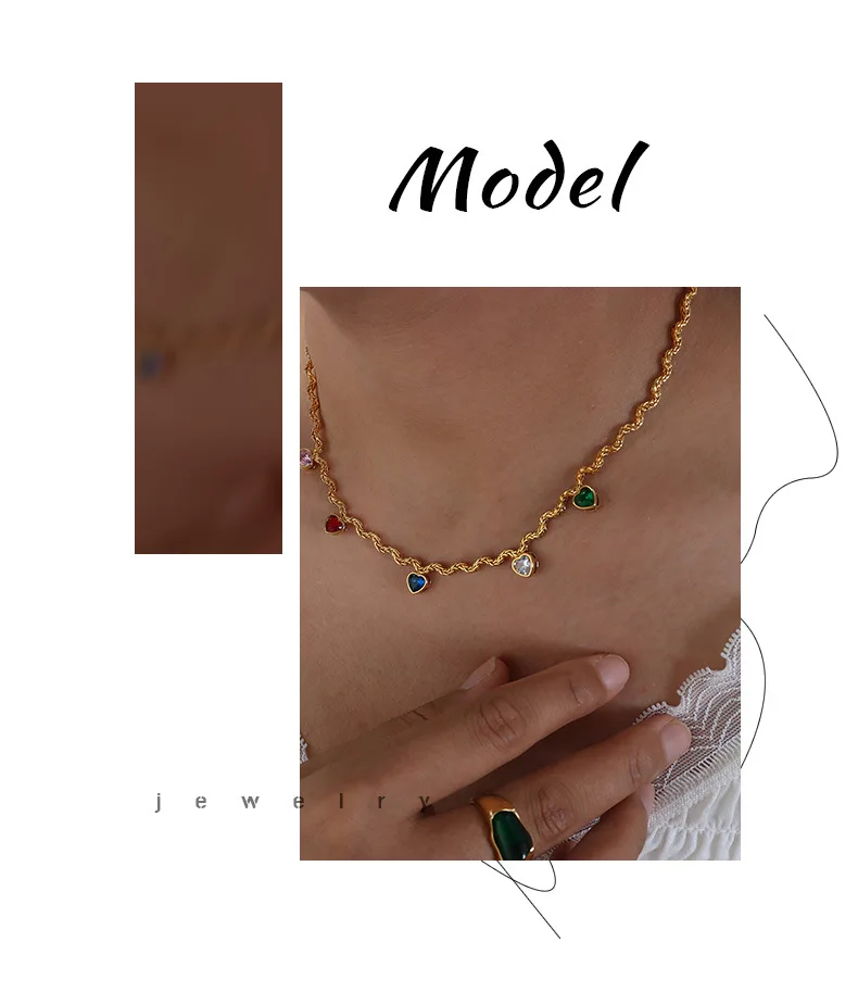 Mode Bunte Zirkonia Herz Anhänger Halskette Frauen 316 Edelstahl Vergoldet Dame Wasserdicht Schmuck Zubehör Geschenk – Detail 1