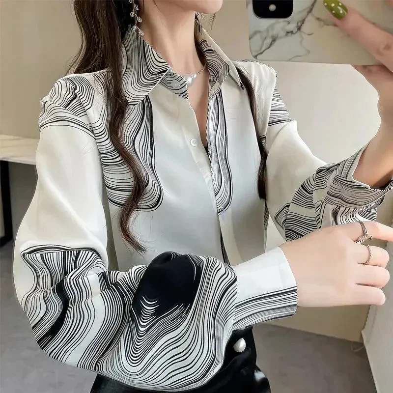 

Fashion Striped Chiffon Blouses Women Elegant Lapel Lantern Sleeve Shirt Tops Ladies Loose Buttons Office Blouse