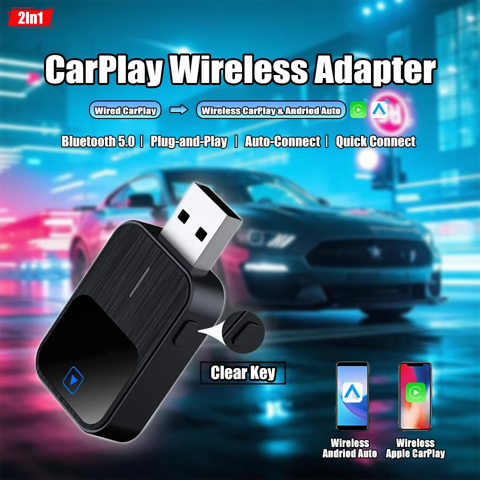 

2025 New Mini Wireless CarPlay Android Auto 2In1 Adapter with Auto-Connect Function USB-A/USB-C Compat for Most Car Models