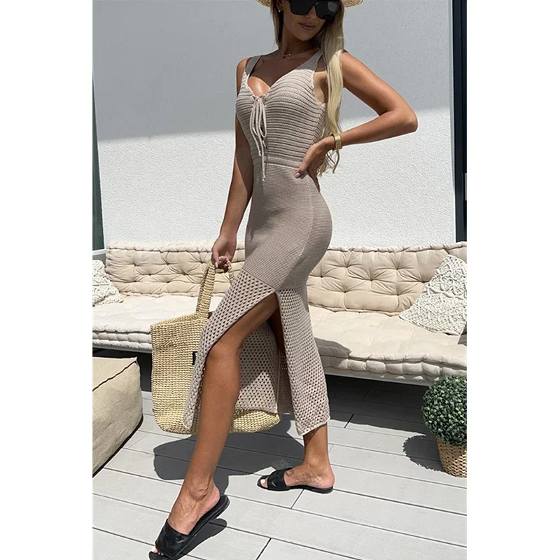 2024 الأبيض الكروشيه تونك بيكيني الاخفاء الخامس الرقبة المرأة الصيف ملابس الشاطئ محبوك التستر مثير أكمام الجوف خارج فستان