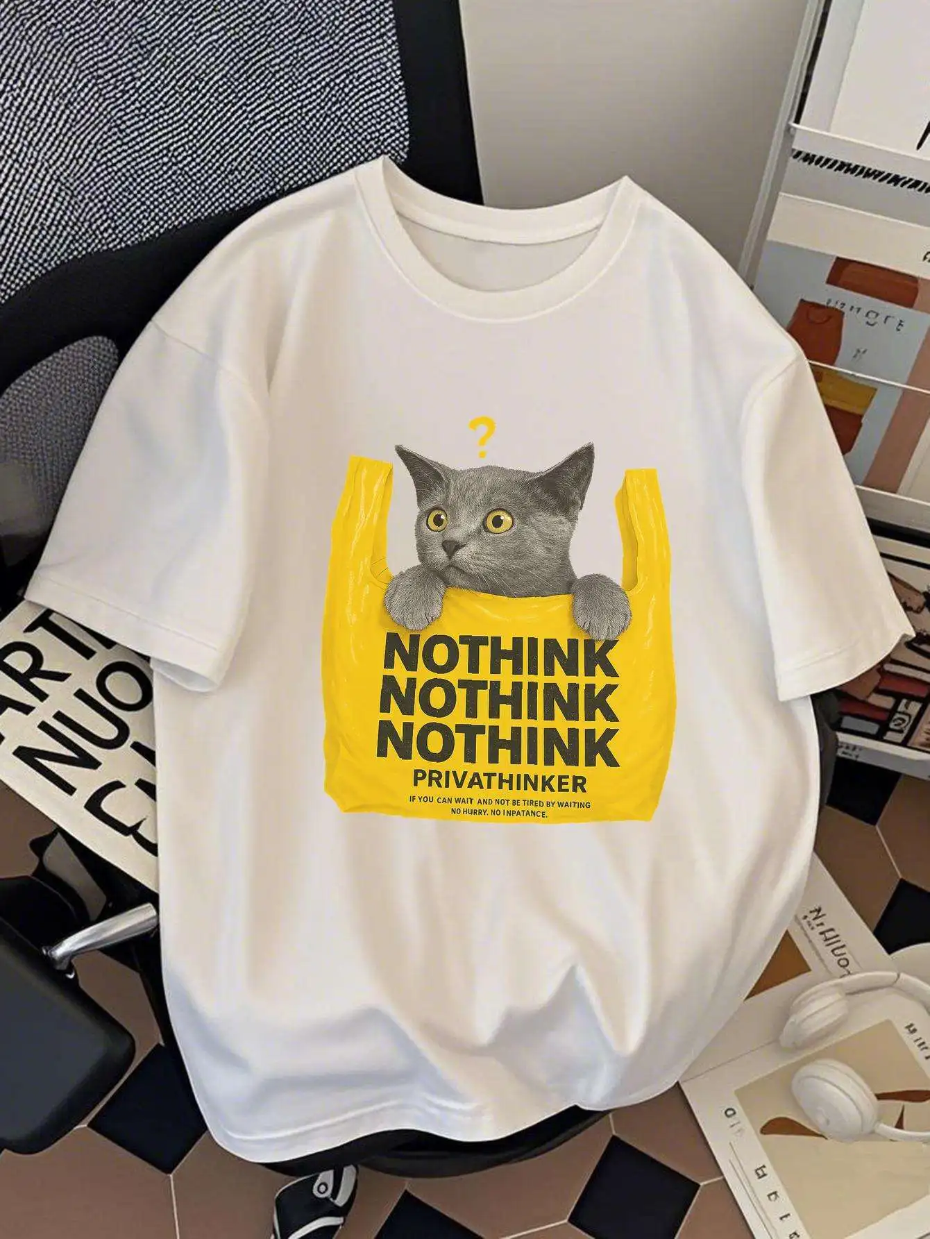 PRIVATHINKER Graphic Print Summer Breathable Fit Tee with Cat Design & 