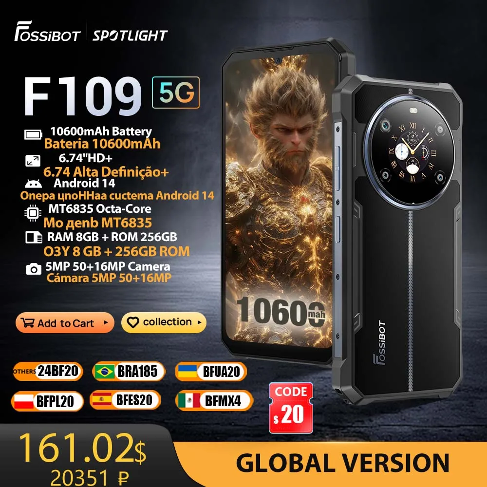 [World Premeire] FOSSiBOT F109,5G Rugged Smartphone,Android 14 10600mAh,24GB RAM(8GB+16GB),256GB ROM,NFC,Face ID Cell Phone