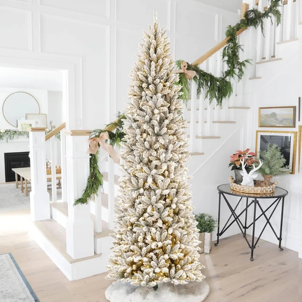 

9ft Prelit Christmas Tree, Snow Flocked Christmas Trees with 600 Warm White Lights, Pencil Christmas Tree Snowy