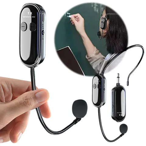 Cuffie con microfono wireless 2.4G Cuffie a lungo raggio Testa con microfono Microfono portatile 2 in 1 per amplificatore vocale Altoparlanti da palco Insegnare