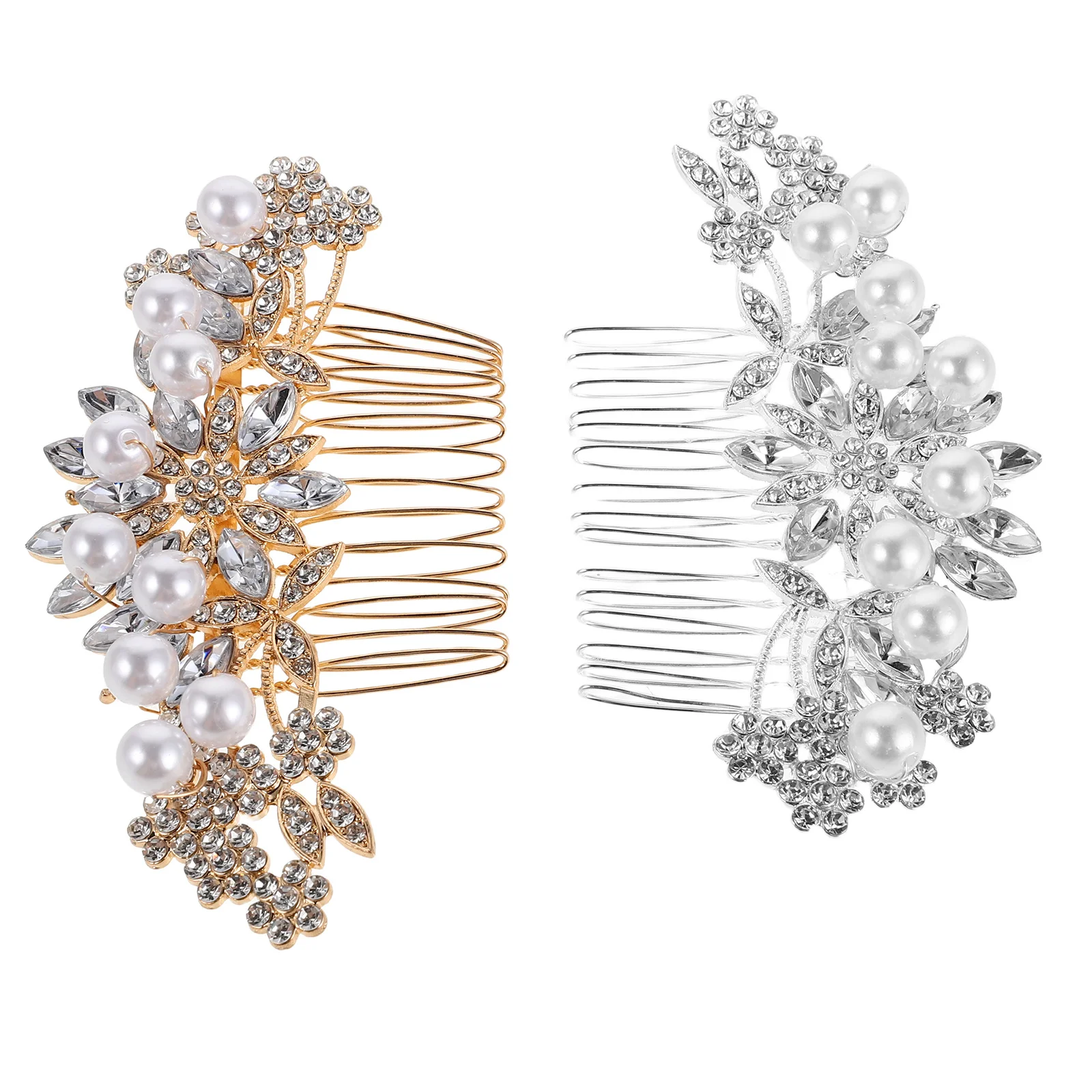 2Pcs Bridal Hair Comb Silver Gold Rhinestone Pearl Wedding Headpiece Elegant Handmade Hair Accessory for Bride
