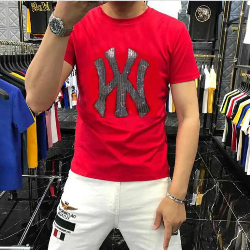 Pure Cotton Top Quality Rhinestone  Men T-shirt Casual  Men's  Brand  For Handsome Tee 075