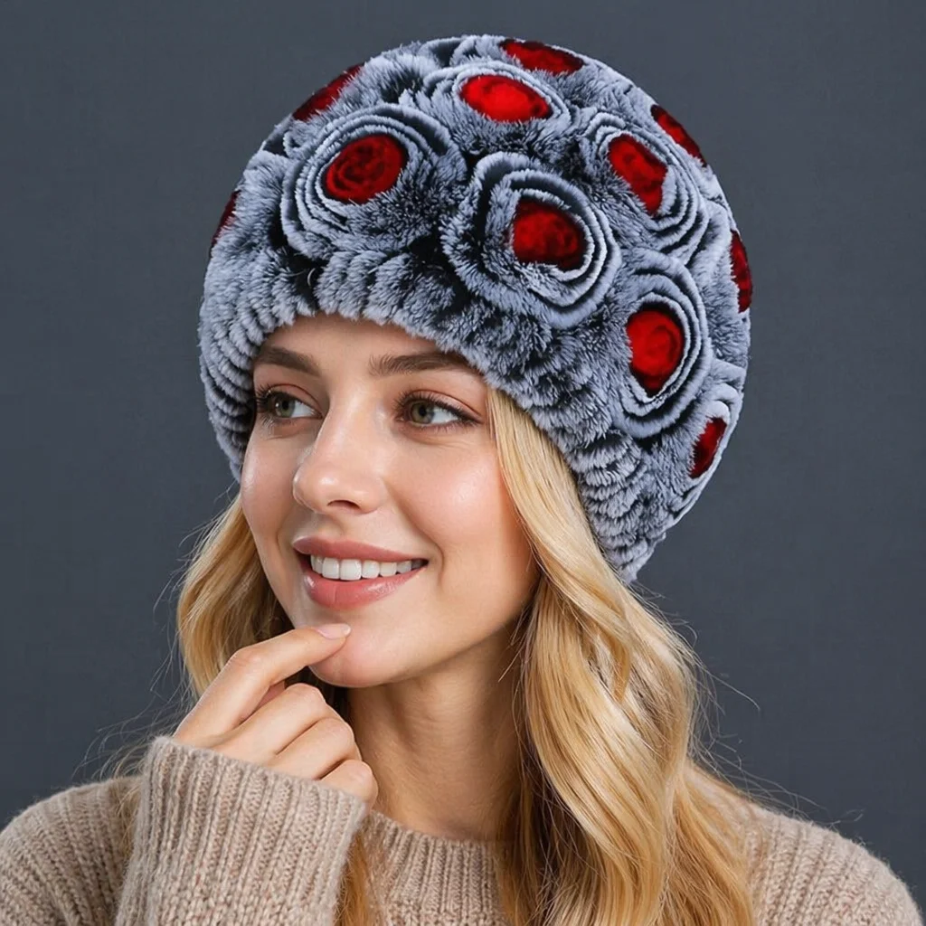 Women's Real Rabbit Hair Rose Hat Winter Fashion Women's Fur Hat, Available in Multiple Colors