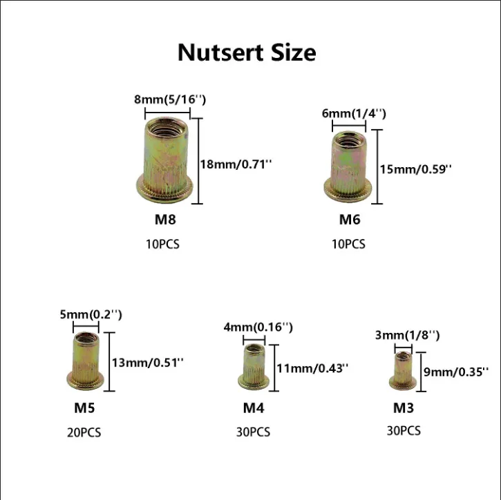 100PCS Flat Head Blind Rivnuts M3-M8, Zinc Plated Carbon Steel Serrated Rivet Nuts for Automotive Furniture Decoration Repair