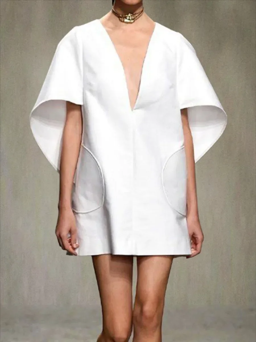 เดรสสีพื้นคอวีลึกเหนือเข่า แขนสั้นทรงหลวม แฟชั่นสำหรับงานปาร์ตี้ งานพรอม งานราตรี