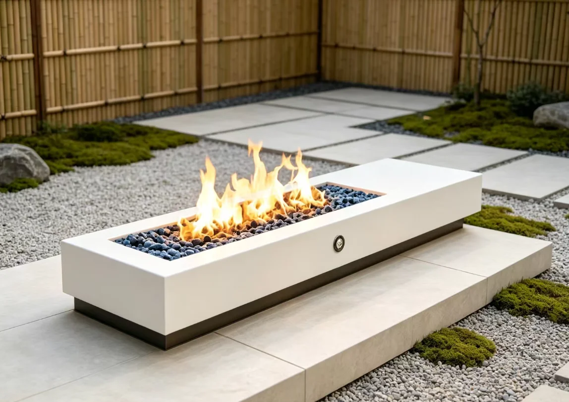 White Rectangular Outdoor Propane Fire Pit Table, Contemporary Gas Fire Bowl For Garden, Patio And Rooftop Terrace Use