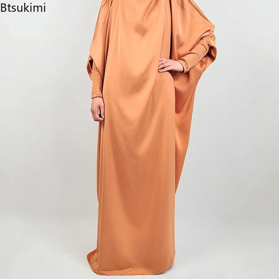 Muslim Fashion Abaya for Women Solid Satin One-piece Prayer Dress with Headscarf Saudi Arab Islamic Clothing Modesty Kaftan Robe