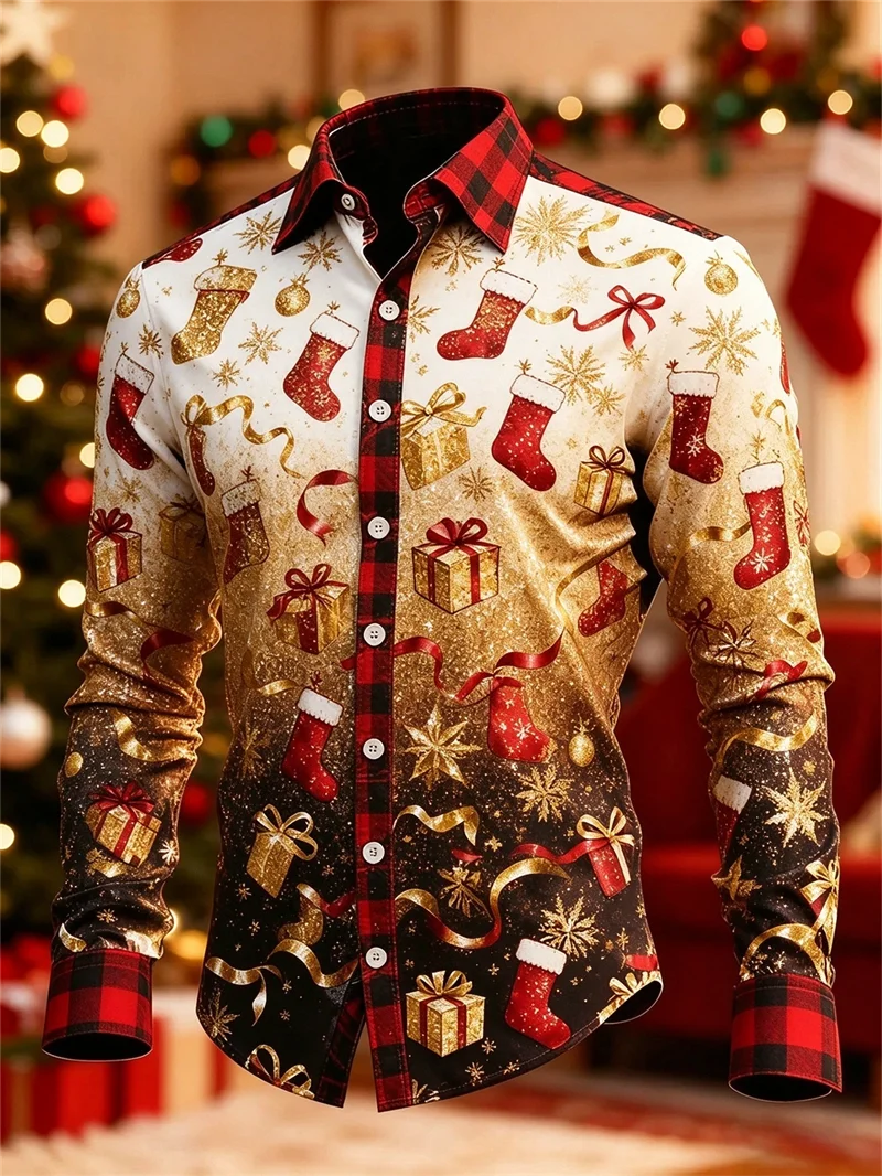 New Men's Red Haig Collar Long Sleeve Shirt Christmas Socks Gift Box Snowflake Printed Collar Holiday Shirt