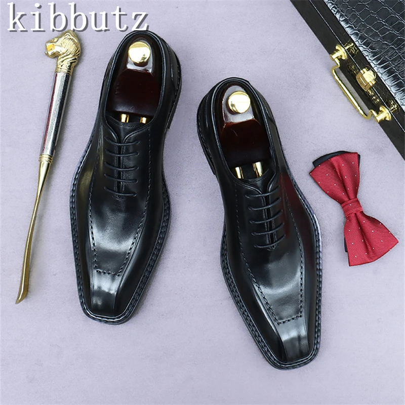 

Groom's Wedding Dress Leather Shoes Luxury Design Square Toe Handmade Cowhide Business Formal Oxford Shoes