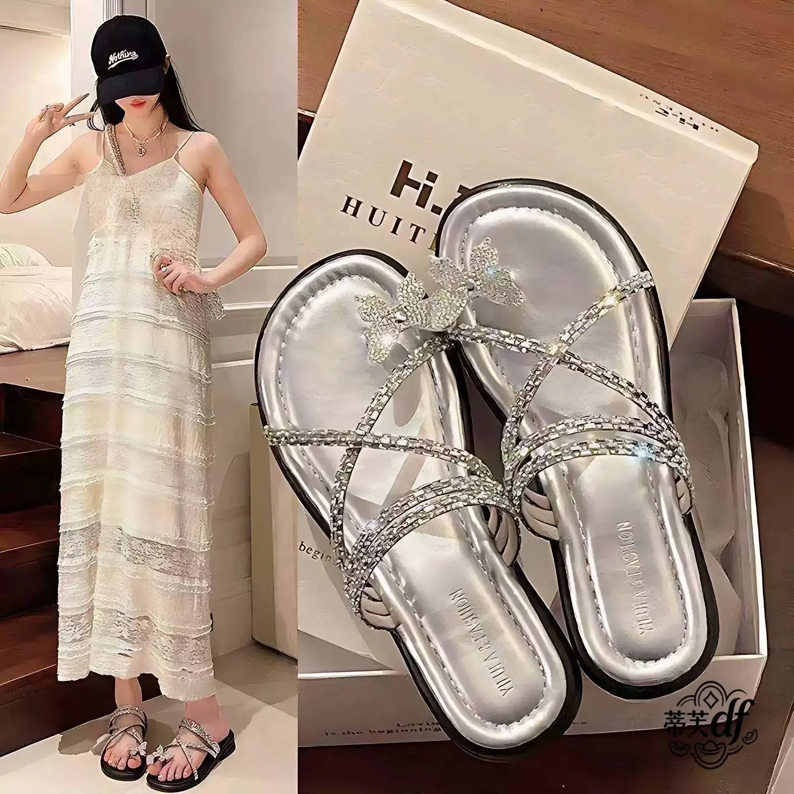 Fashionable Summer Outdoor Women's Sandals Diamond-Encrusted Flat Bottom Slippers Fairy Tale Style Beach Shoes  Design