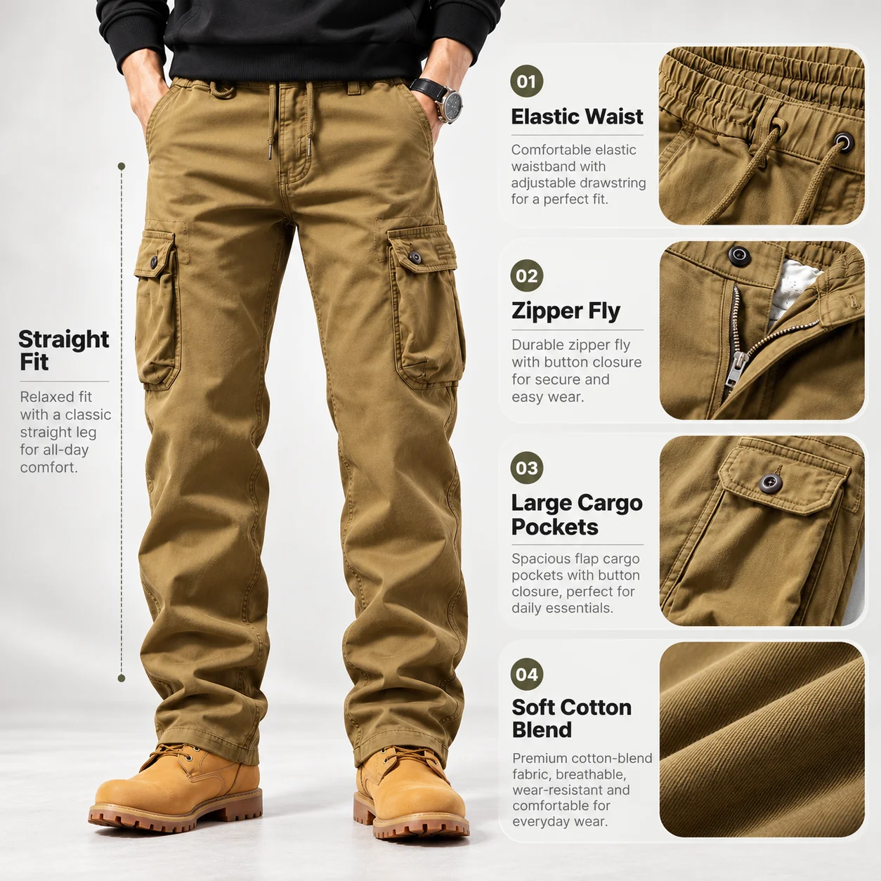 Men's Cargo Pants 97% Cotton Stretch Loose Fit Straight Leg Multi Pocket Elastic Waist Casual Outdoor Workwear Fall Winter