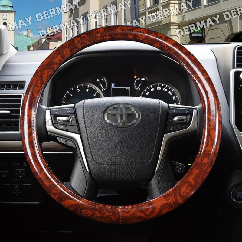 for Toyota Land Cruiser Prado FJ Cruiser Car Steering Wheel Cover Non-slip Mahogany Wood Grain PU Leather Auto Accessories