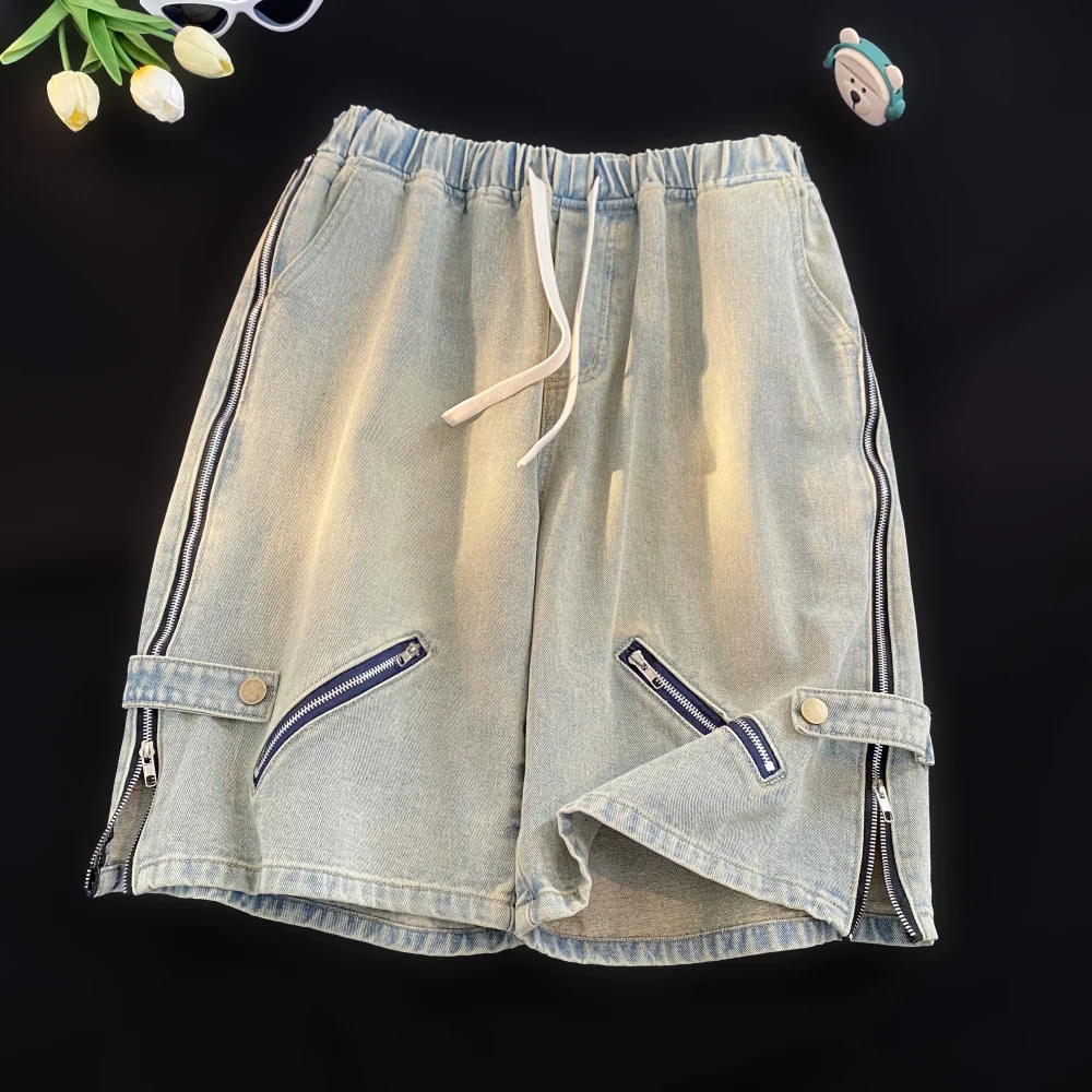 

Summer Men's Zipper Shorts Casual Wide Leg Jeans Washed Vintage Japanese Style Lazy Retro Pants Youth Wear Resistant Stretch