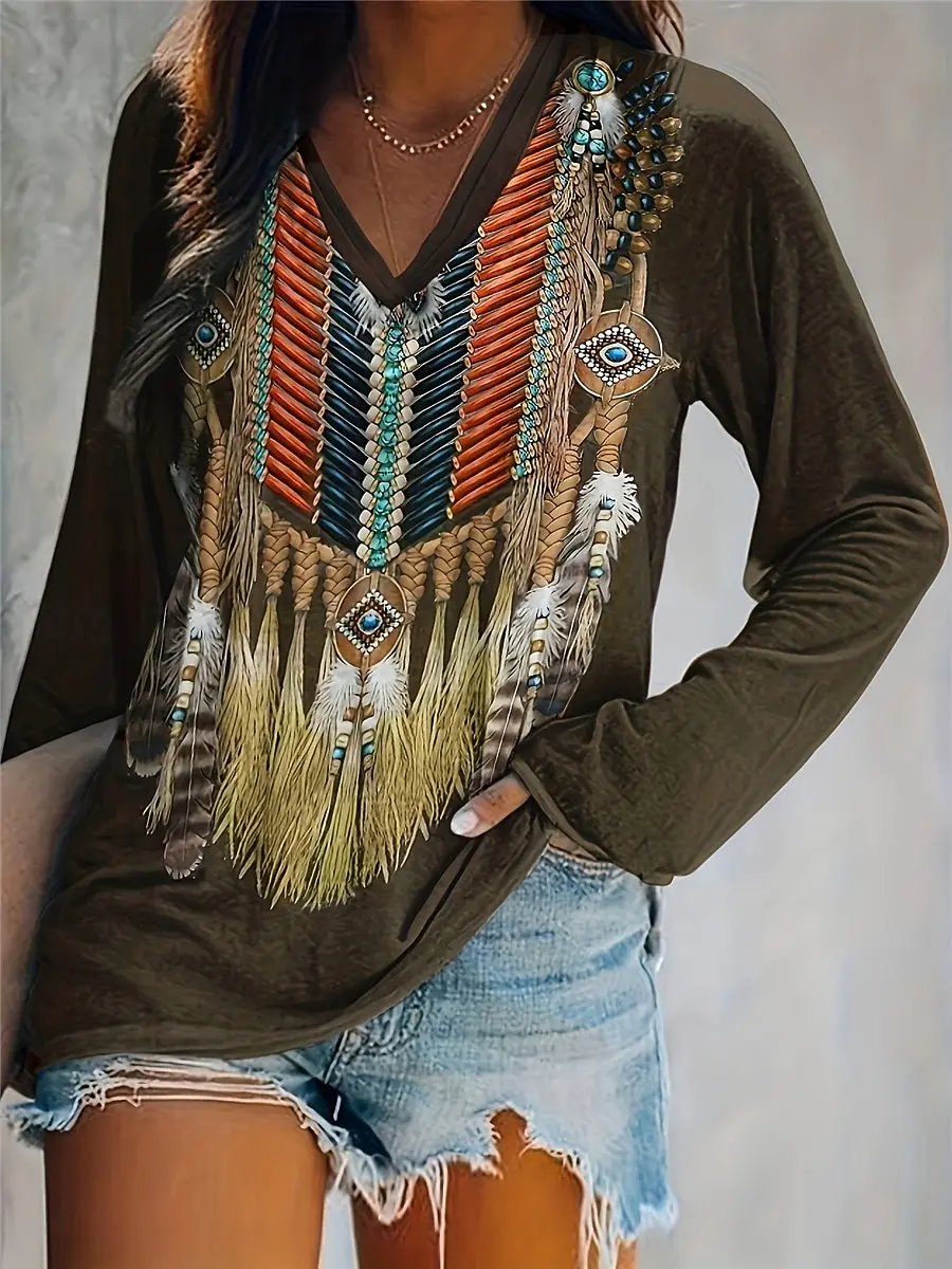 Camiseta elegante de manga larga con estampado étnico de diamantes y cuello en V para mujer, poliéster suave, perfecta para otoño e invierno, ropa informal