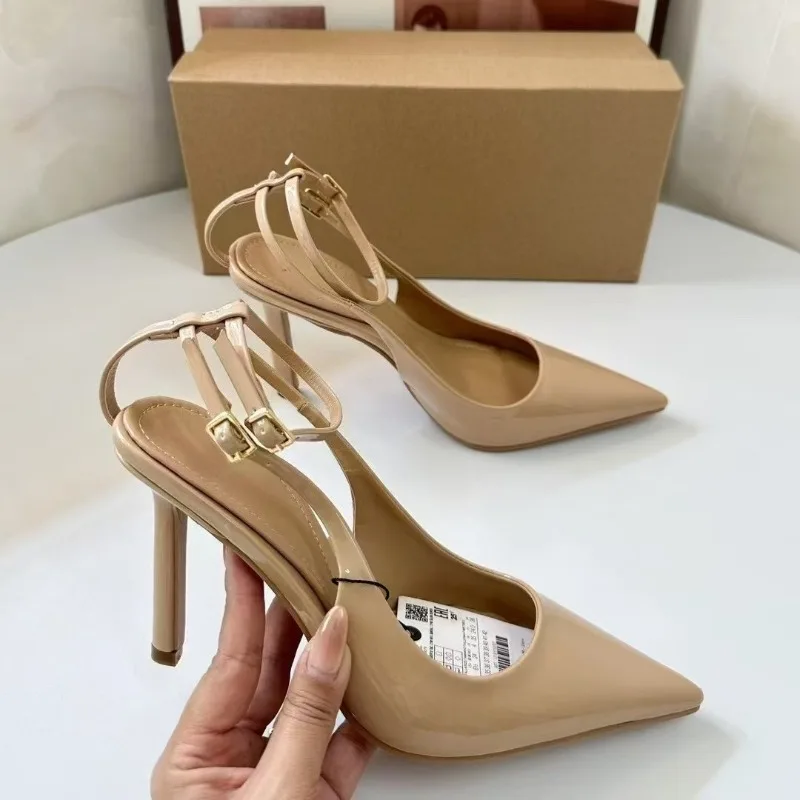 

2025 Summer Luxury Designer Women Modern Sandals Patent Leather Sexy Ankle Strap Dress Party Slingbacks High Heels Ladies Shoes