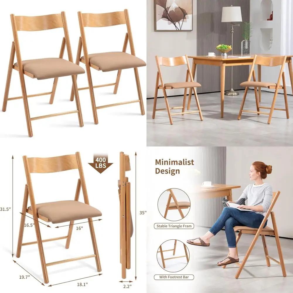 Padded Folding Chairs with Faux Leather Cushion, 2 Pack, Portable and Assembled, Durable for Home and Outdoor Use