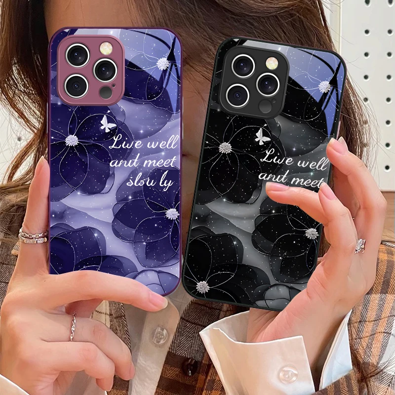 

Gradient Black Rose For iPhone 16 E 15 14 13 Plus 12 mini 11 Pro Max XR Xs Max 16E X 7 8 6 6S 2022 Tempered Glass Phone Case