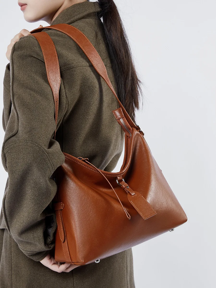 2025 new leather women's bag lazy show layer plant tanned cow Pitot bag large capacity shoulder bag simple cross-body bag