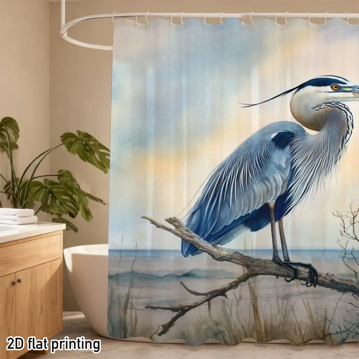Great Blue Heron Shower Curtain, Realistic Bird Print Waterproof Bathroom Decor, Nature Wildlife Home Bath Screen